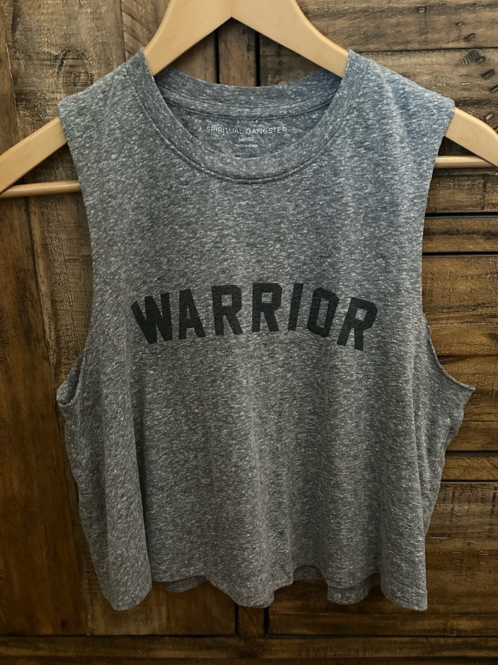 SPIRITUAL GANGSTER VARSITY WARRIOR LIGHT HEATHER GRAY CROP MUSCLE TEE L